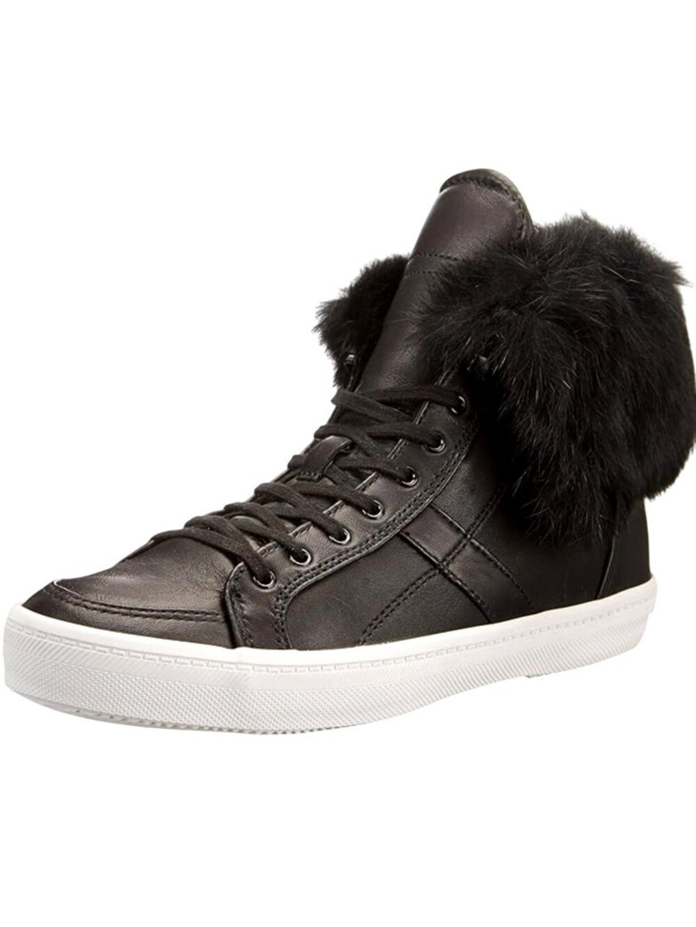 REBECCA MINKOFF Sasha Rabbit Fur Cuff Black Leather Sneakers 7 Mall Goth Shoes